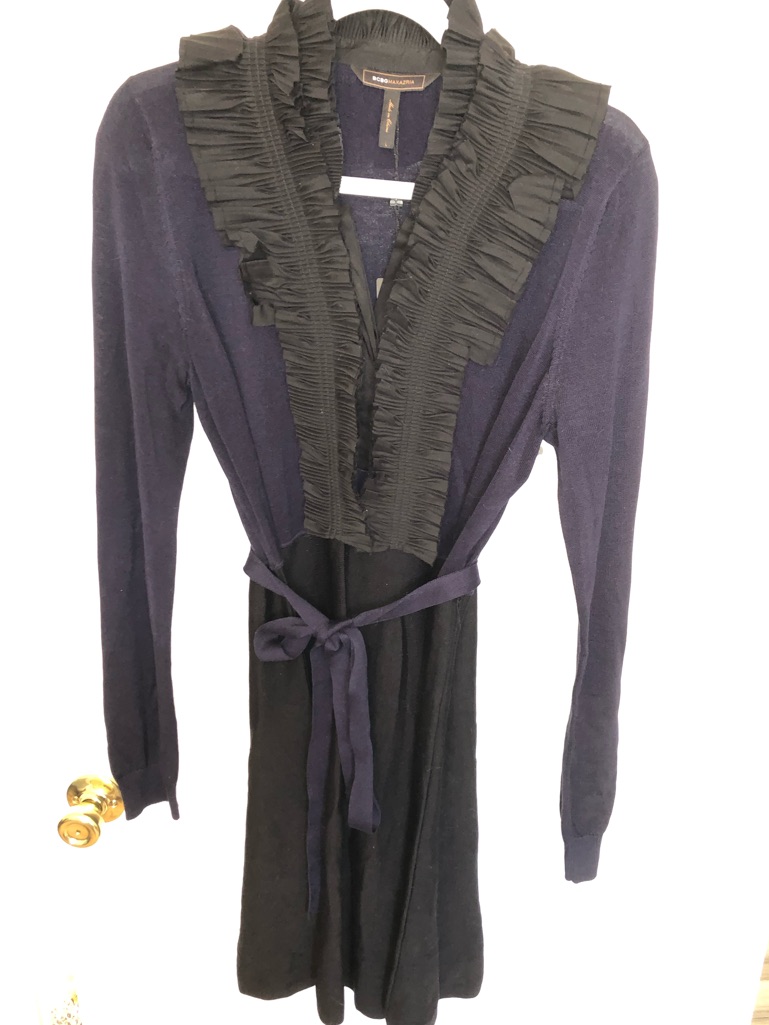 Bcbgmaxazria Navy And Black Ruffle-Trim Wrap Dress